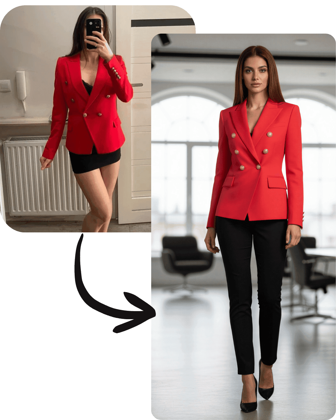 A mirror selfie of a woman in a red double-breasted blazer with gold buttons and a black mini skirt, and the same red blazer worn by an AI model with black pants in a bright office