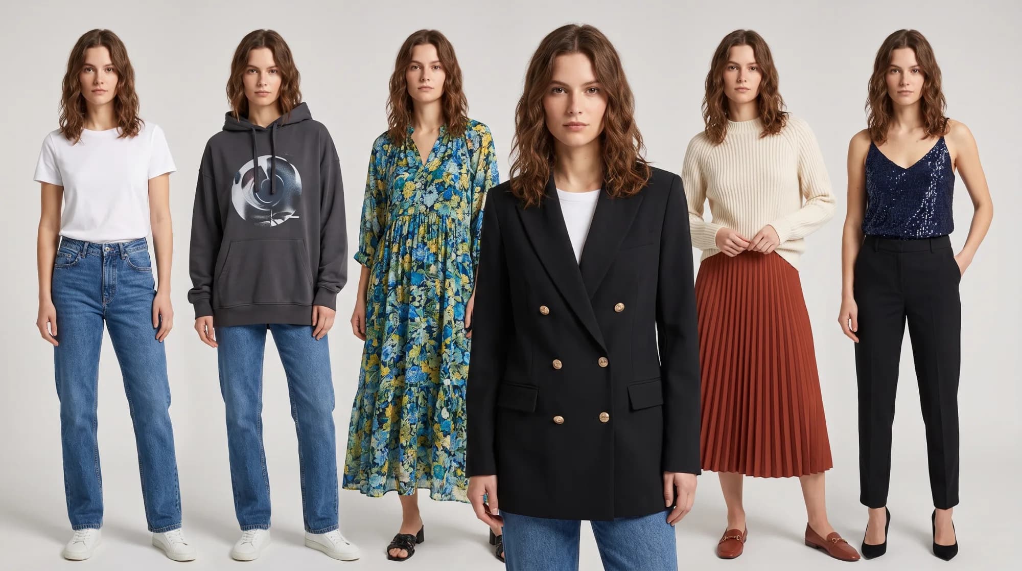 One AI model wearing six outfits, styled as an editorial line-up