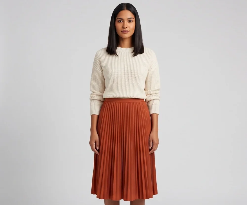 The same model in a cream rib-knit sweater and a rust pleated midi skirt, front view on a gray backdrop