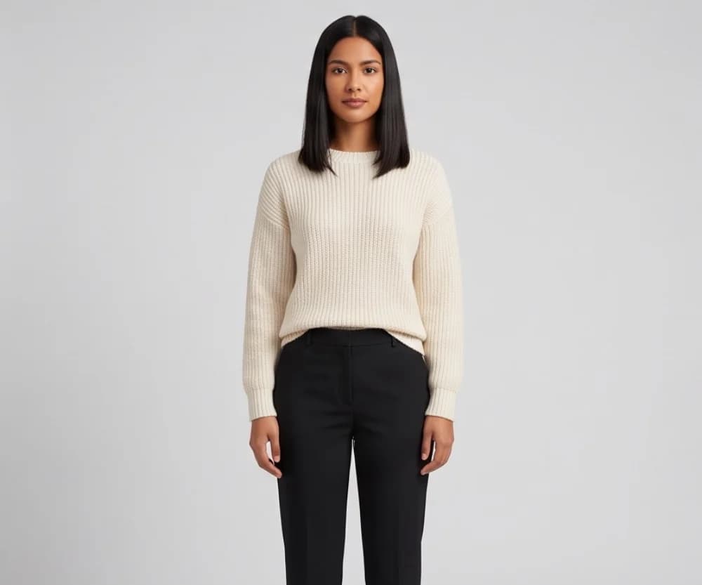 A model with straight dark hair wearing the cream rib-knit sweater with the black trousers, on a pale gray studio background