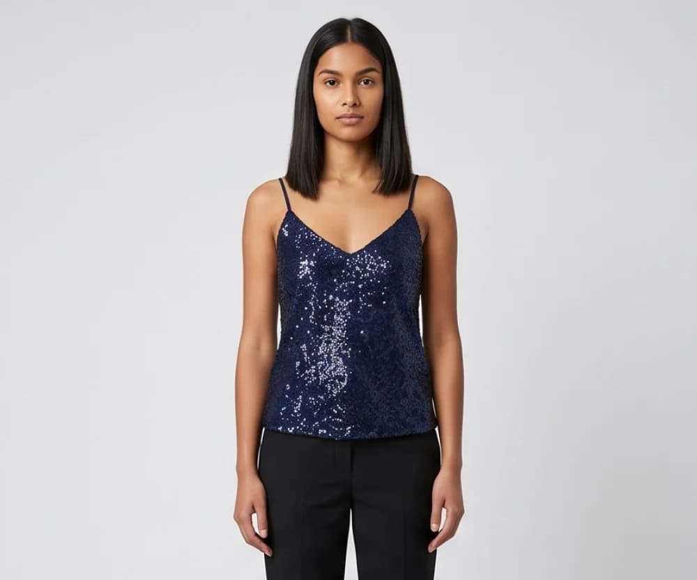 The same model in a navy sequin camisole and black trousers, front view on a gray backdrop