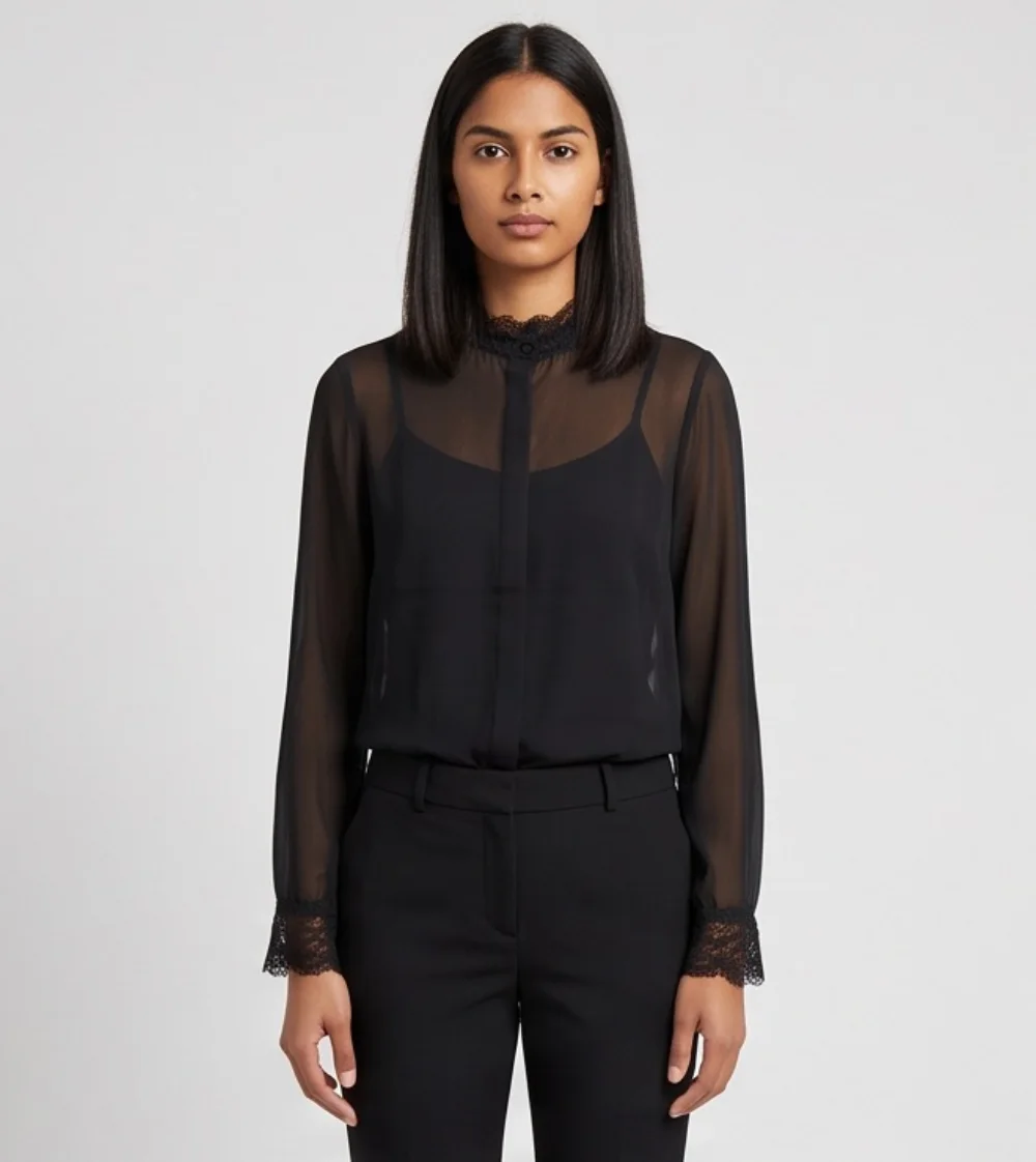 A model with dark shoulder-length hair wearing the sheer black blouse over the black camisole with black trousers, on a pale gray background