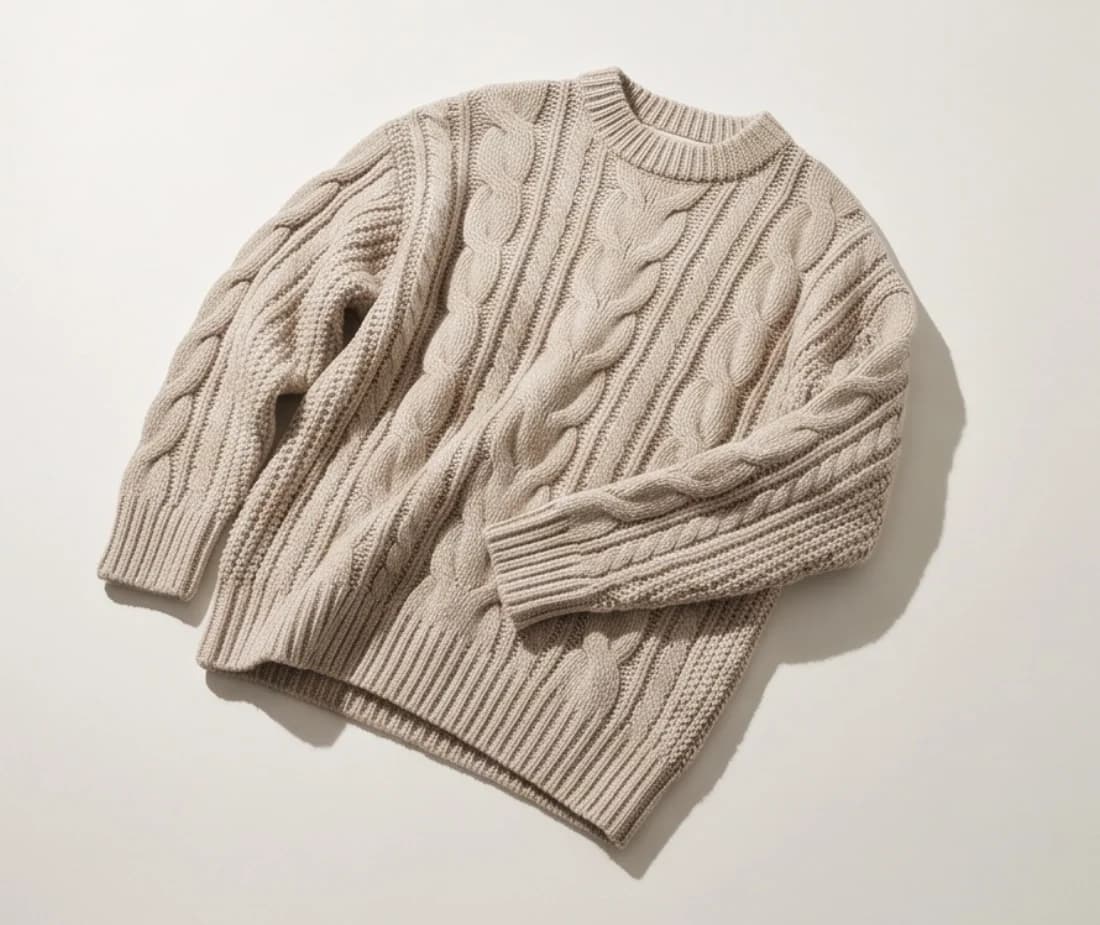 The beige cable-knit sweater laid flat, one sleeve folded across