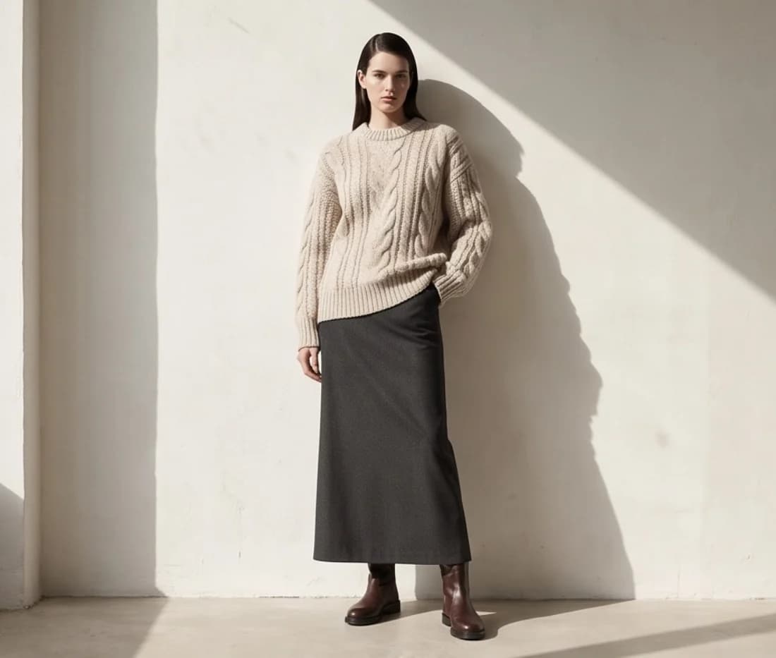 A model wearing the beige cable-knit sweater with a long charcoal skirt and brown boots, leaning on a sunlit wall, made with Tryly