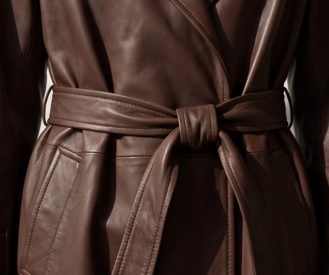 Leather trench coat, print and logo close-up