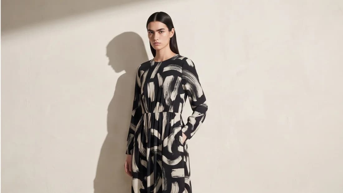 Brushstroke print dress, on the model