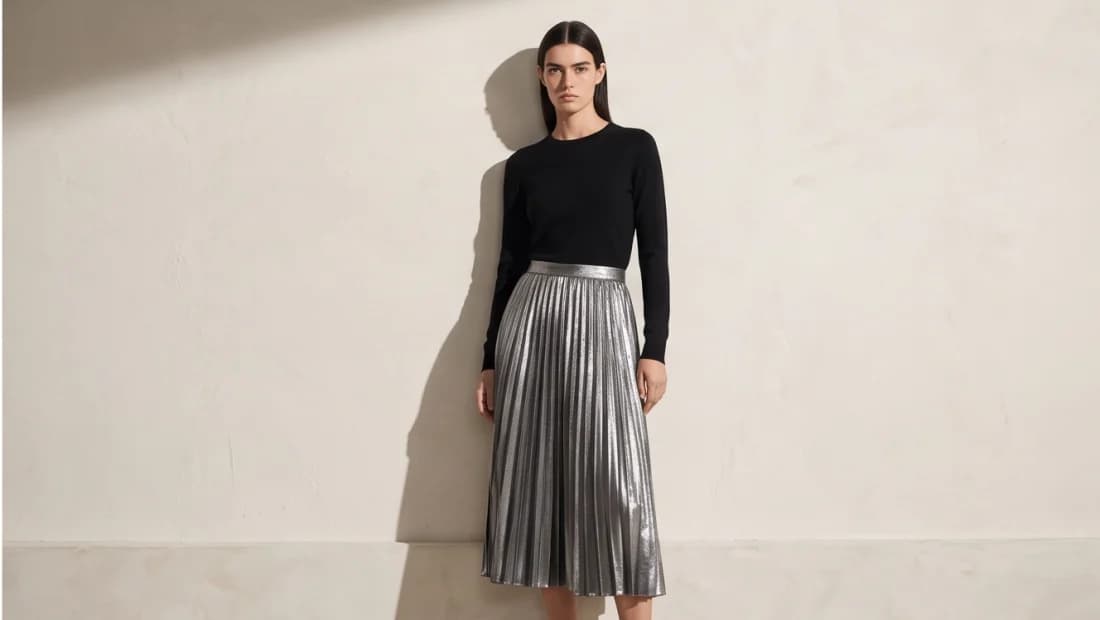 Metallic pleated skirt, on the model