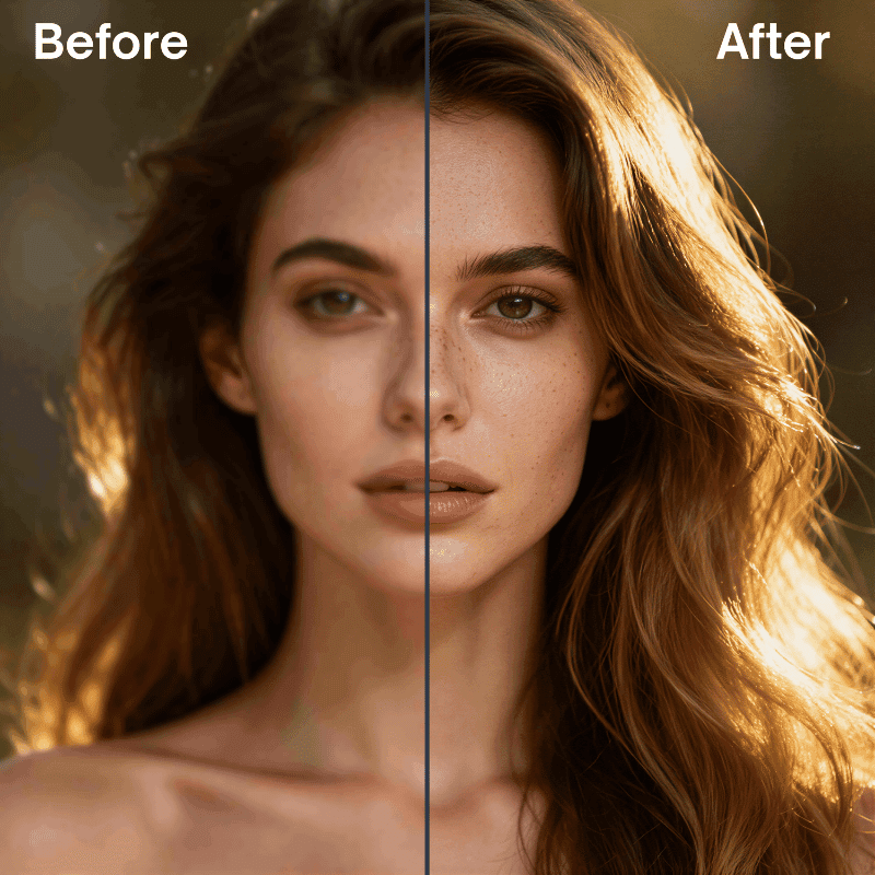 A portrait split in two: standard quality on the left, Ultra quality on the right
