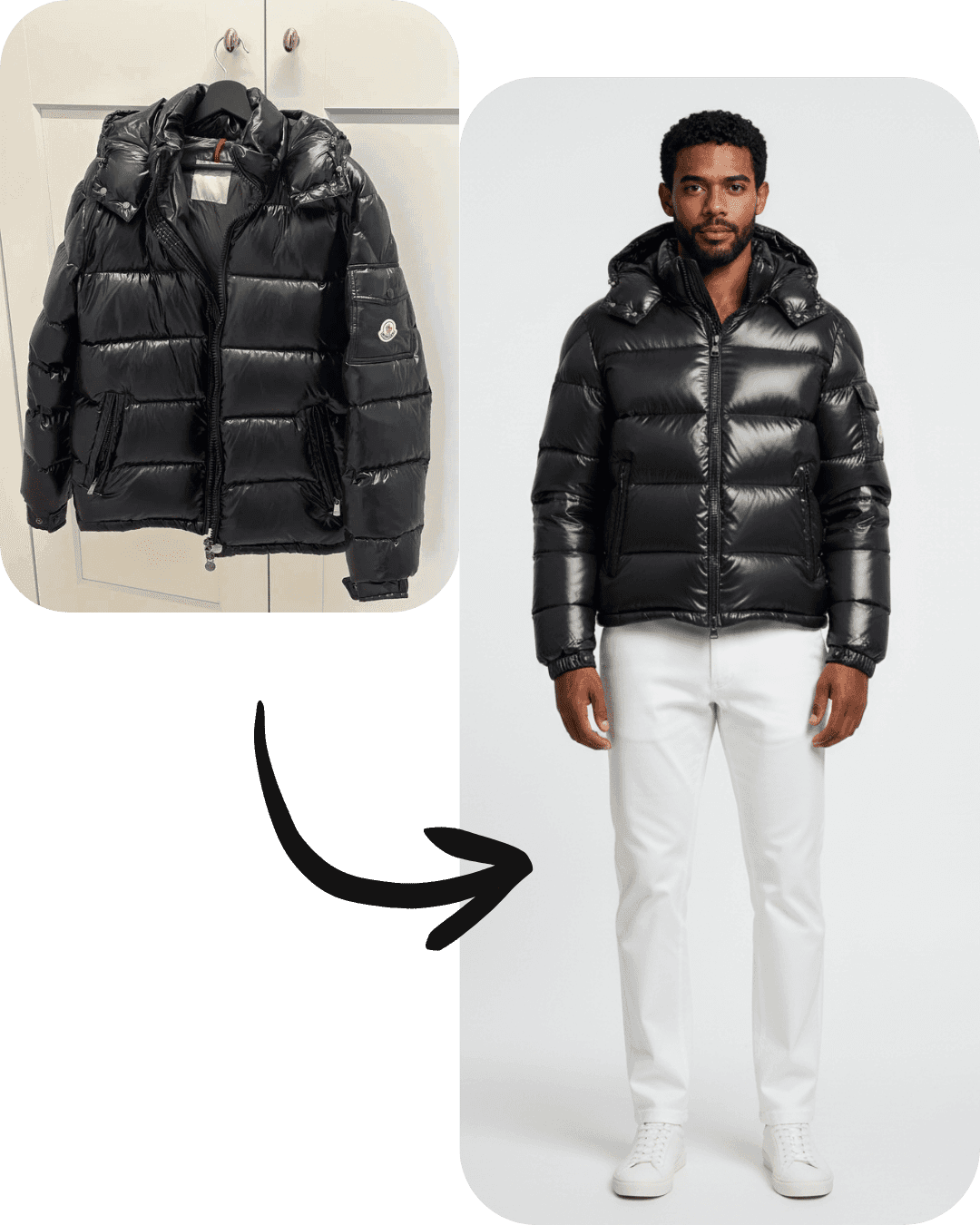 A puffer jacket photographed on a hanger, then shown on an AI model
