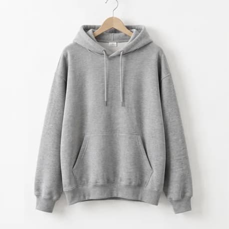 Grey hoodie on a wooden hanger, the source photo