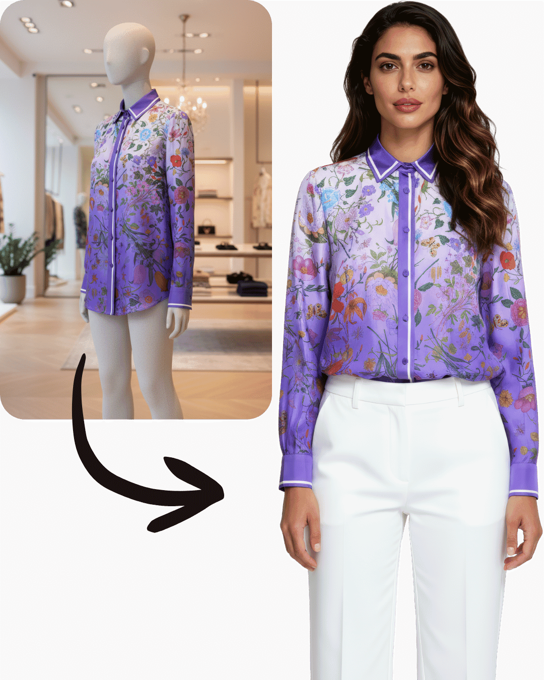 A floral shirt photographed on a shop mannequin, then shown on an AI model