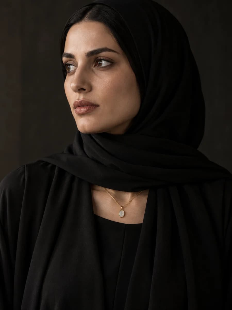Close portrait of a model in a black headscarf wrapped loosely around the head and shoulders, with a small gold pendant, against a dark background