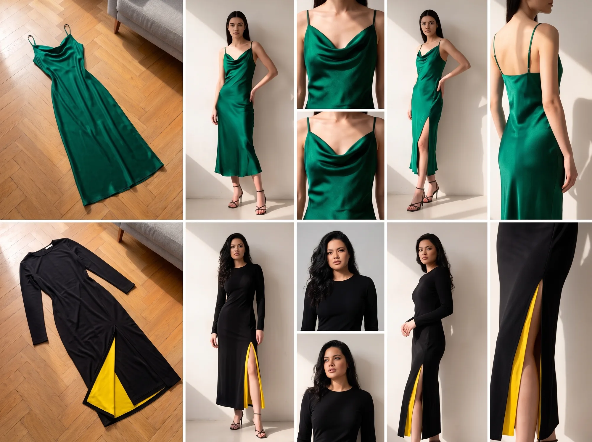 A green satin slip dress and a black long-sleeve dress with a yellow-lined slit, each as a flat lay, on a model and in close-up