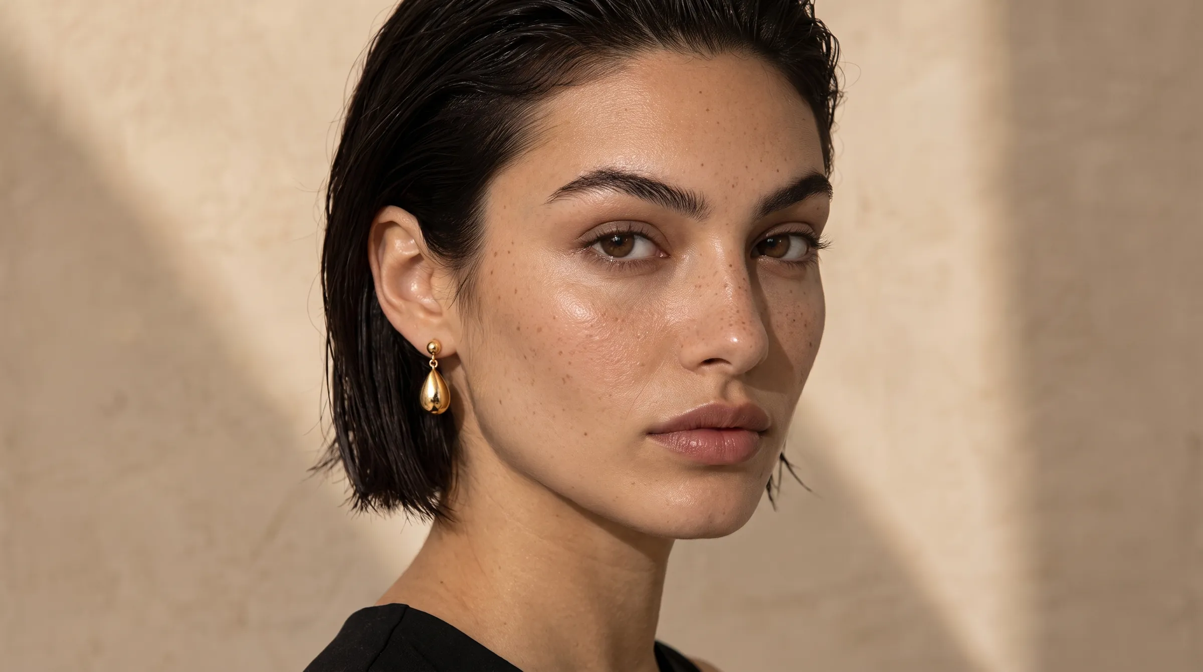 A woman with short dark hair wearing gold teardrop drop earrings, in warm window light