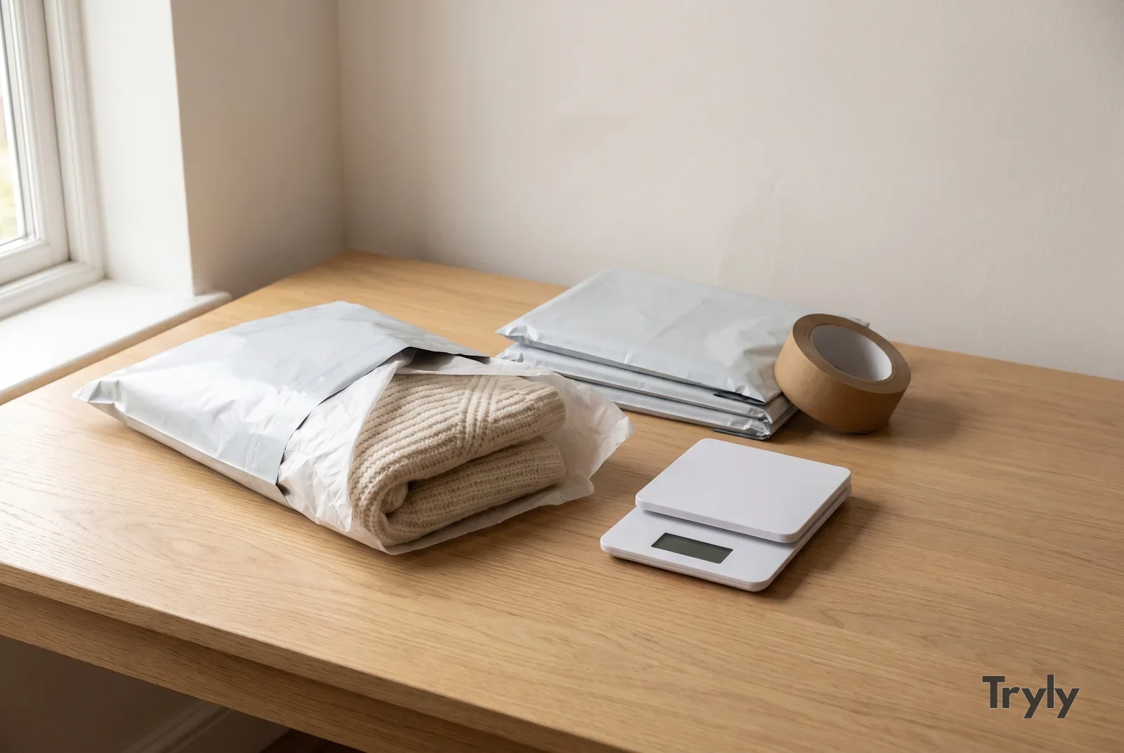 A folded cream knit sweater in white tissue paper resting half inside an open grey poly mailer on an oak table, beside a small digital scale with a dark display, a stack of flat grey mailers and a roll of brown tape