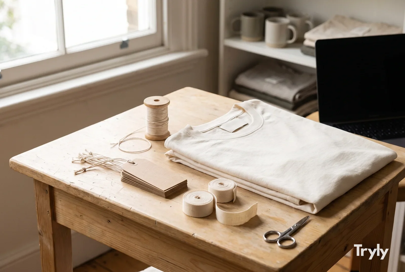 A small brand’s worktable with blank kraft hang tags on cotton string, a spool of cord, rolls of cream label tape, scissors and a folded off-white t-shirt with a blank woven neck label.