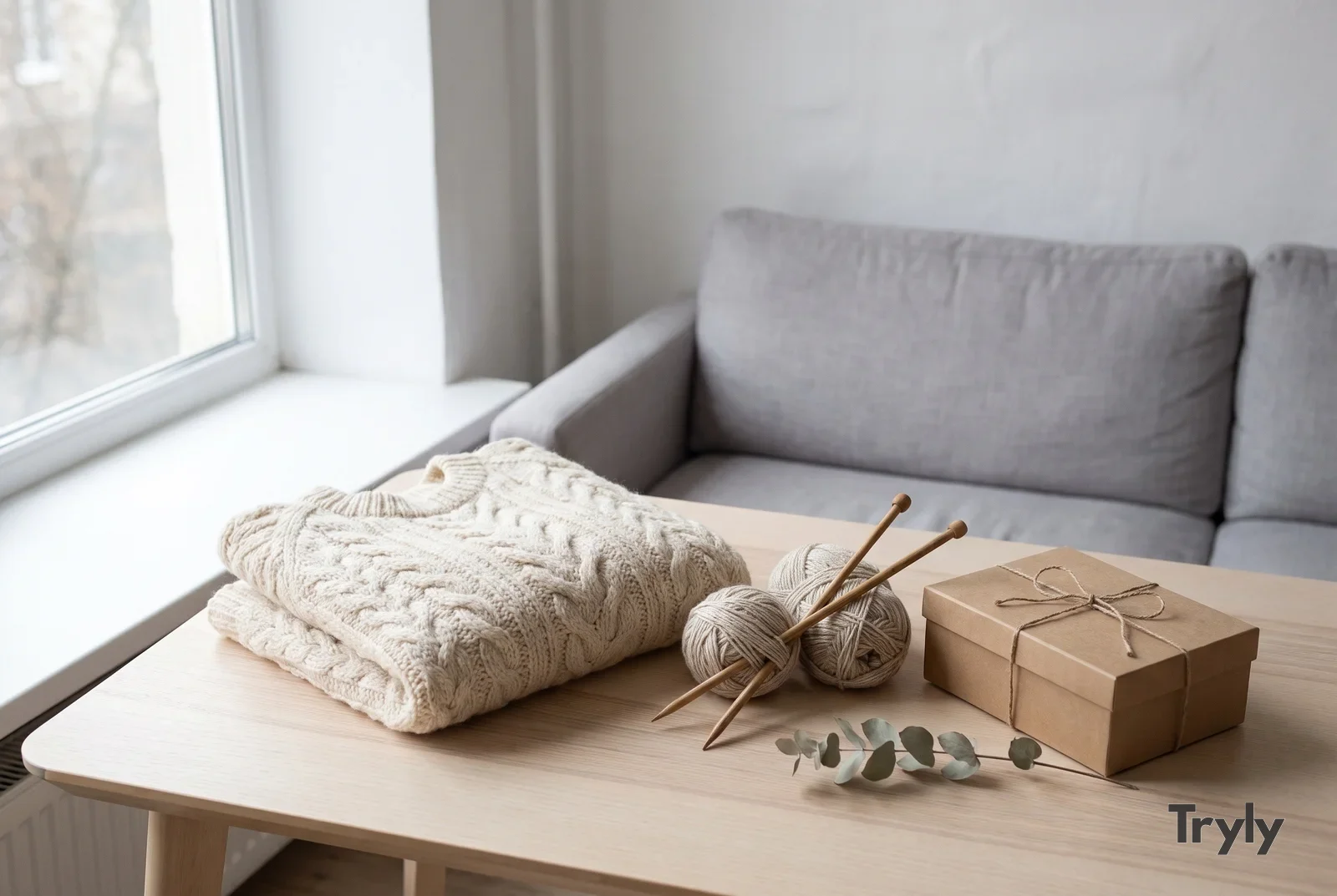 A folded hand-knitted cream cable sweater on a pale wooden table beside two balls of wool with wooden knitting needles, a kraft gift box tied with twine and a sprig of eucalyptus, in a bright room with a grey sofa