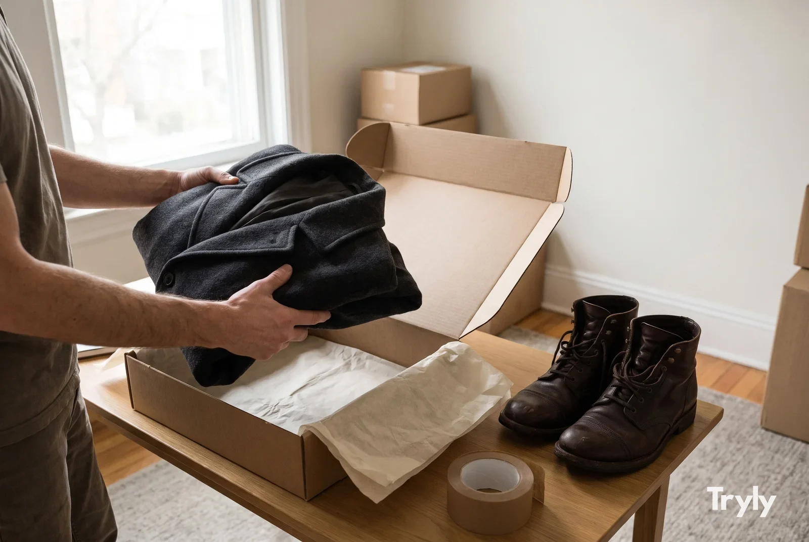 A man folding a charcoal wool coat into a shipping box lined with tissue paper on a wooden table, beside a pair of worn dark-brown leather lace-up boots and a roll of brown packing tape, with more boxes stacked by a window