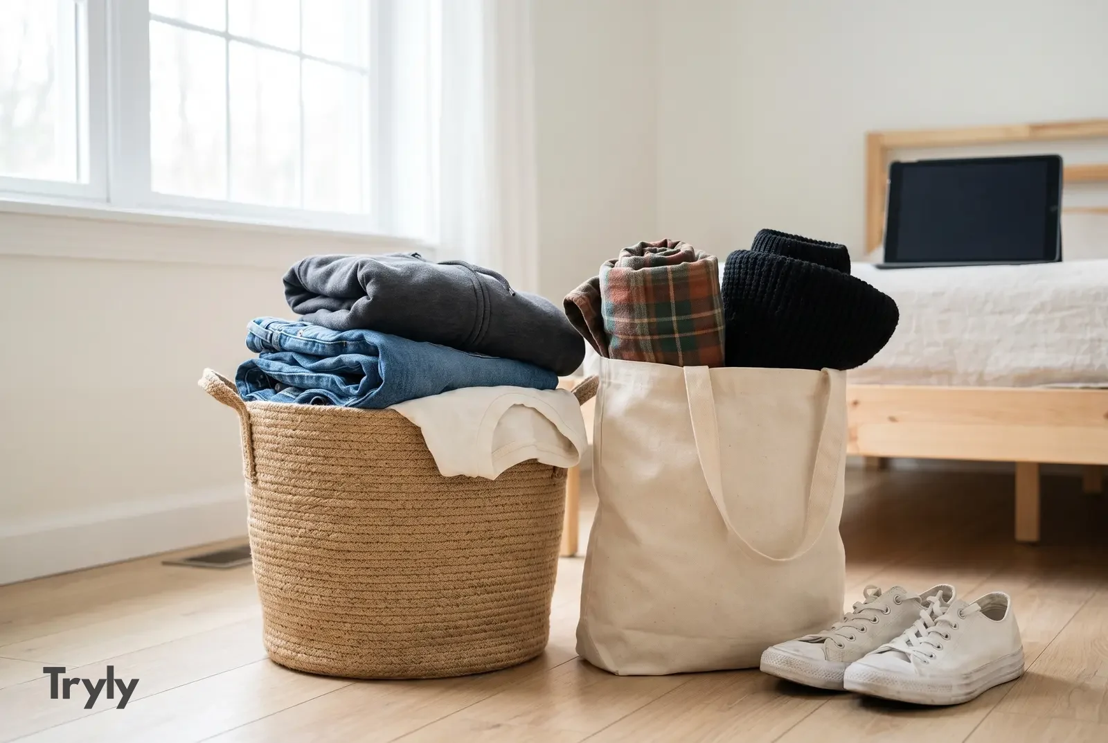 A woven basket of folded jeans, a grey hoodie and a white tee beside a canvas tote holding a plaid shirt and a black knit, with a pair of white sneakers, on a bedroom floor