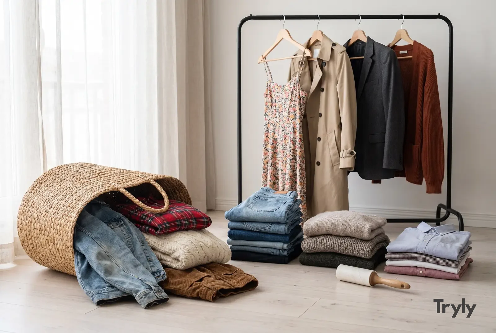 A woven straw tote tipped on a wooden floor with a denim jacket, plaid flannel, cream cable-knit sweater and brown corduroys spilling out, beside three folded piles sorted by type and a clothing rail with a dress, a trench coat, a blazer and a cardigan