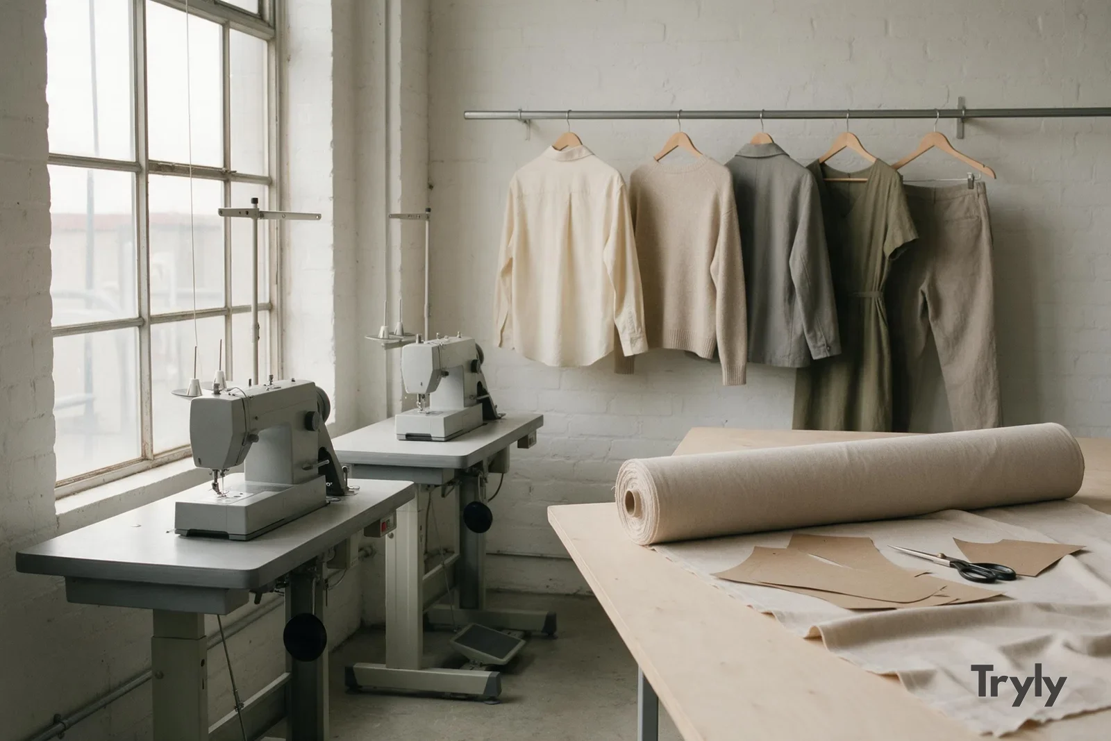 A bright sewing workshop with two sewing machines on grey tables by a large factory window, a cutting table with a roll of oatmeal cotton, paper pattern pieces and shears, and neutral sample garments on a wall rail