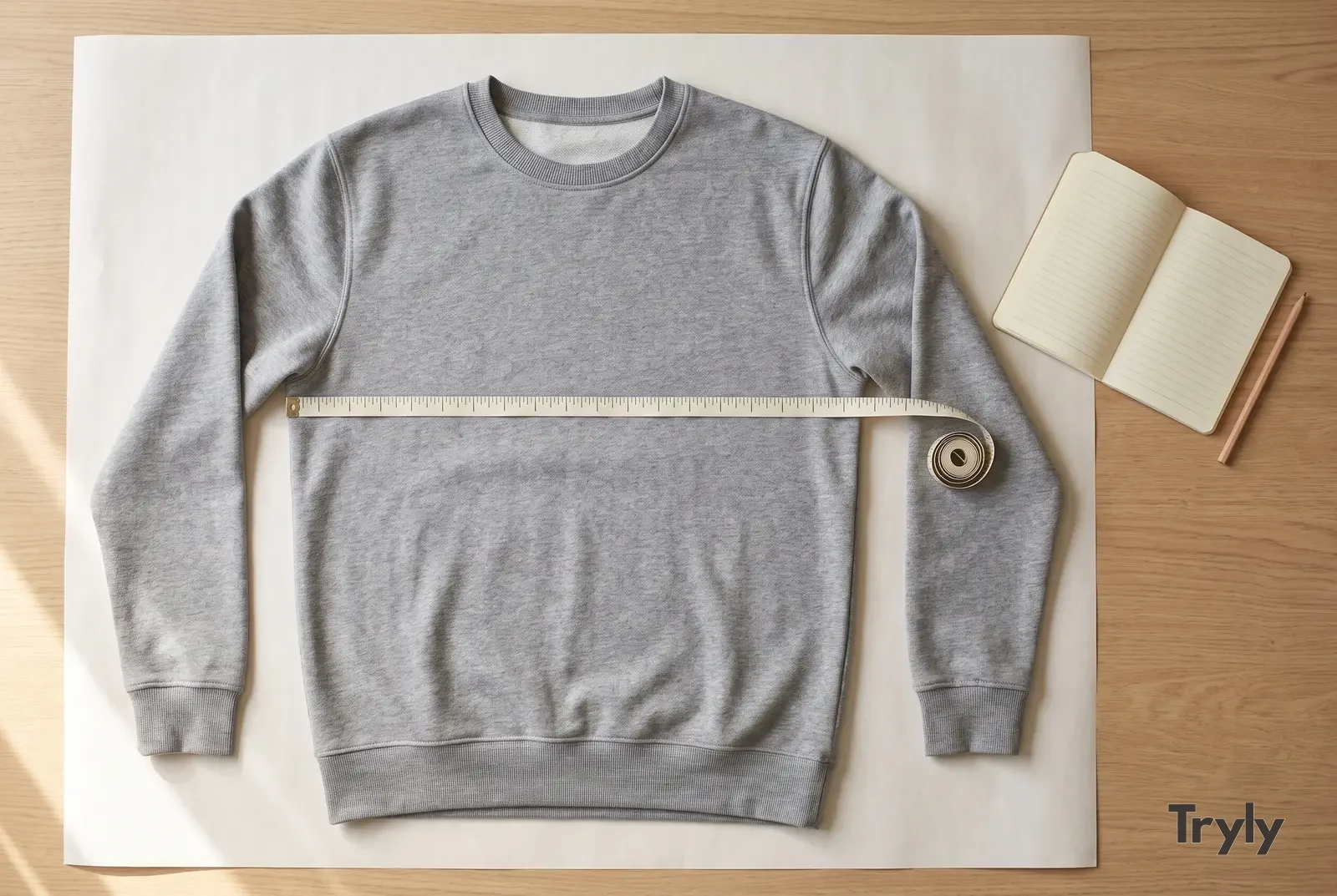 A grey crewneck sweatshirt laid flat on white paper on a wooden table, with a cream tape measure stretched straight across the chest from one armpit seam to the other, beside an open blank notebook and a pencil