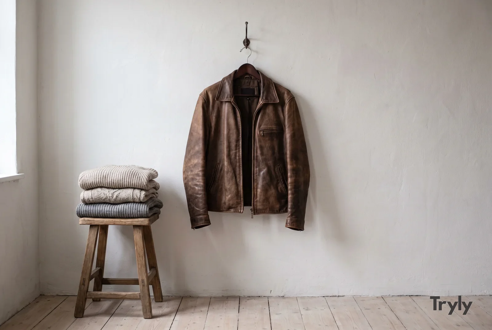 A worn brown leather jacket on a wooden hanger hanging from a single hook on a plain off-white wall, next to a wooden stool with a stack of folded knit sweaters, in soft window light