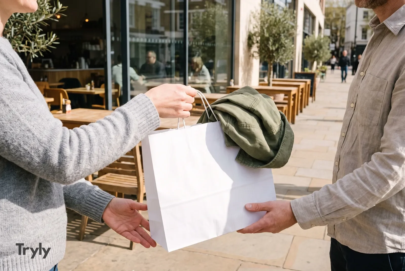 Outside a café in daylight, one person hands a white paper bag with a folded olive jacket on top to a buyer, both seen from the chest down.