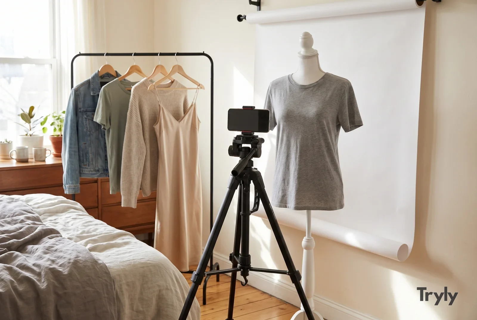 A bright bedroom corner set up to photograph listings: a clothing rail of secondhand denim, tees, knits and a slip dress, a white paper backdrop, a dress form in a grey tee and a phone on a tripod facing it, lit by window light