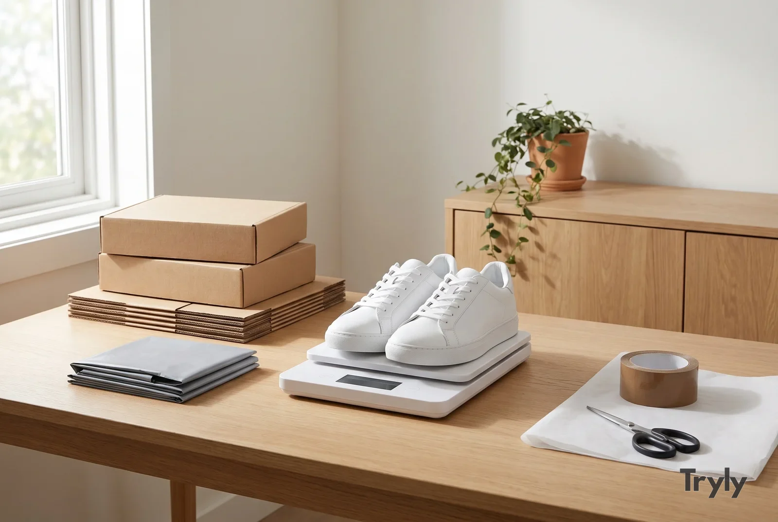 A pair of plain white leather sneakers resting on a small white digital postal scale on a light oak desk, beside stacked kraft mailer boxes, folded grey poly mailers, a roll of brown packing tape on white tissue paper and a pair of scissors, lit by daylight from a window on the left.