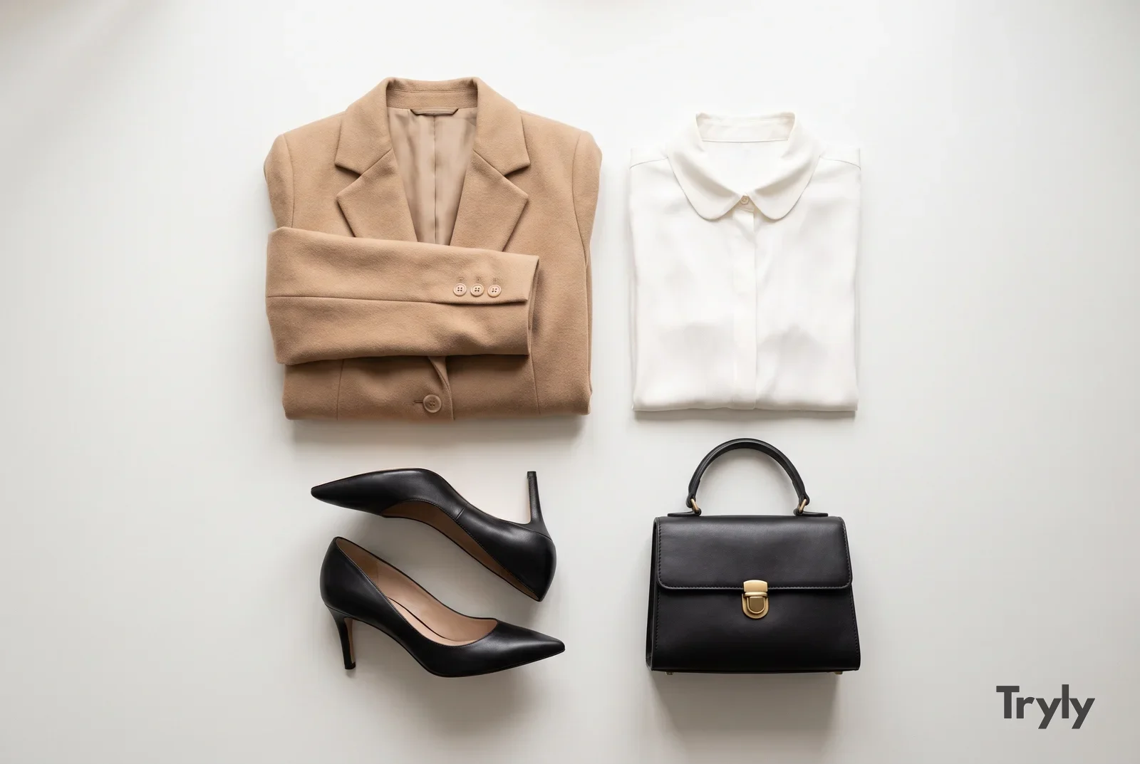 Overhead flat lay on a white surface of a camel blazer with one sleeve folded across, a folded white blouse, a pair of black pointed-toe pumps and a small black leather top-handle bag with a plain brass clasp.