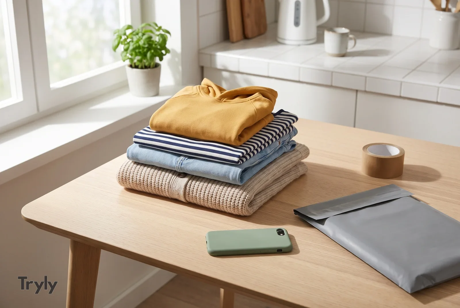Folded clothes stacked on a light oak kitchen table by a sunny window: a small mustard hoodie on top of a navy striped tee, light-blue jeans and an oatmeal knit cardigan, next to a plain grey mailer bag, a roll of brown tape and a phone lying face-down in a green case.