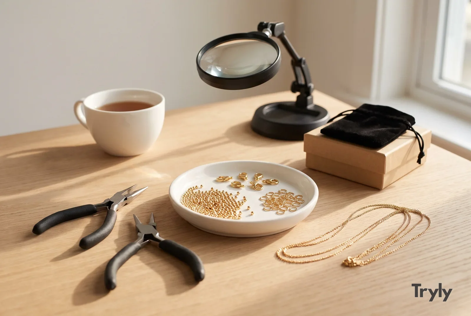A home jeweller's pale oak workbench in warm window light with two pairs of black-handled pliers, a round white ceramic dish of tiny gold beads, lobster clasps and jump rings, fine gold chains lying in loose loops, a plain kraft gift box with a black velvet pouch on its lid, a round desk magnifier on a black articulated arm, and a white cup of tea.