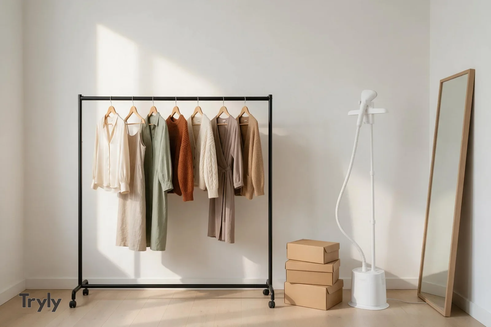 A spare room used as a boutique stockroom: a black clothing rail holds seven blouses, dresses and knits in cream, oat, sage, rust, taupe and camel on wooden hangers, next to a stack of plain kraft mailer boxes, a white upright garment steamer and an oak-framed full-length mirror leaning against a white wall, all in soft window daylight.