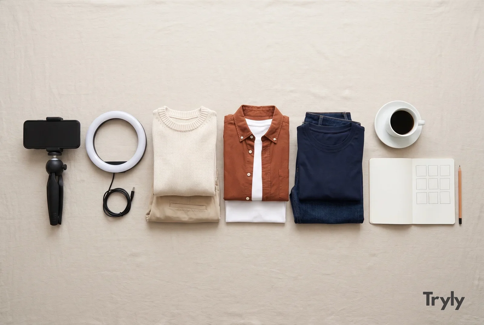 Overhead flat lay on pale linen of a phone in a folded mini tripod, a switched-off ring light, three folded two-piece outfits in cream, rust and navy, an open notebook with a pencil-drawn grid of nine empty squares, a pencil and a cup of black coffee.
