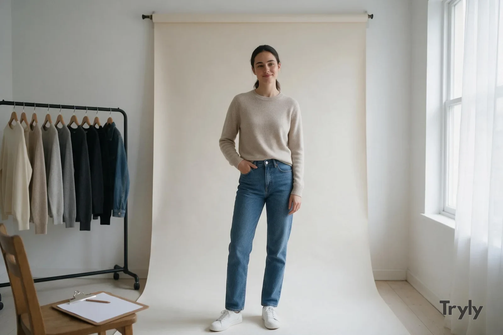 A young woman with dark hair tied back, in a plain oat sweater, straight blue jeans and white trainers, stands relaxed and smiling in front of an off-white paper backdrop in a small home studio, with one hand in her pocket. A rail of neutral knitwear and a denim jacket stands at the left of the frame. On the right, a tall window with a sheer curtain lets in soft light. In the foreground, a clipboard with a blank sheet and a pencil rests on a wooden chair.