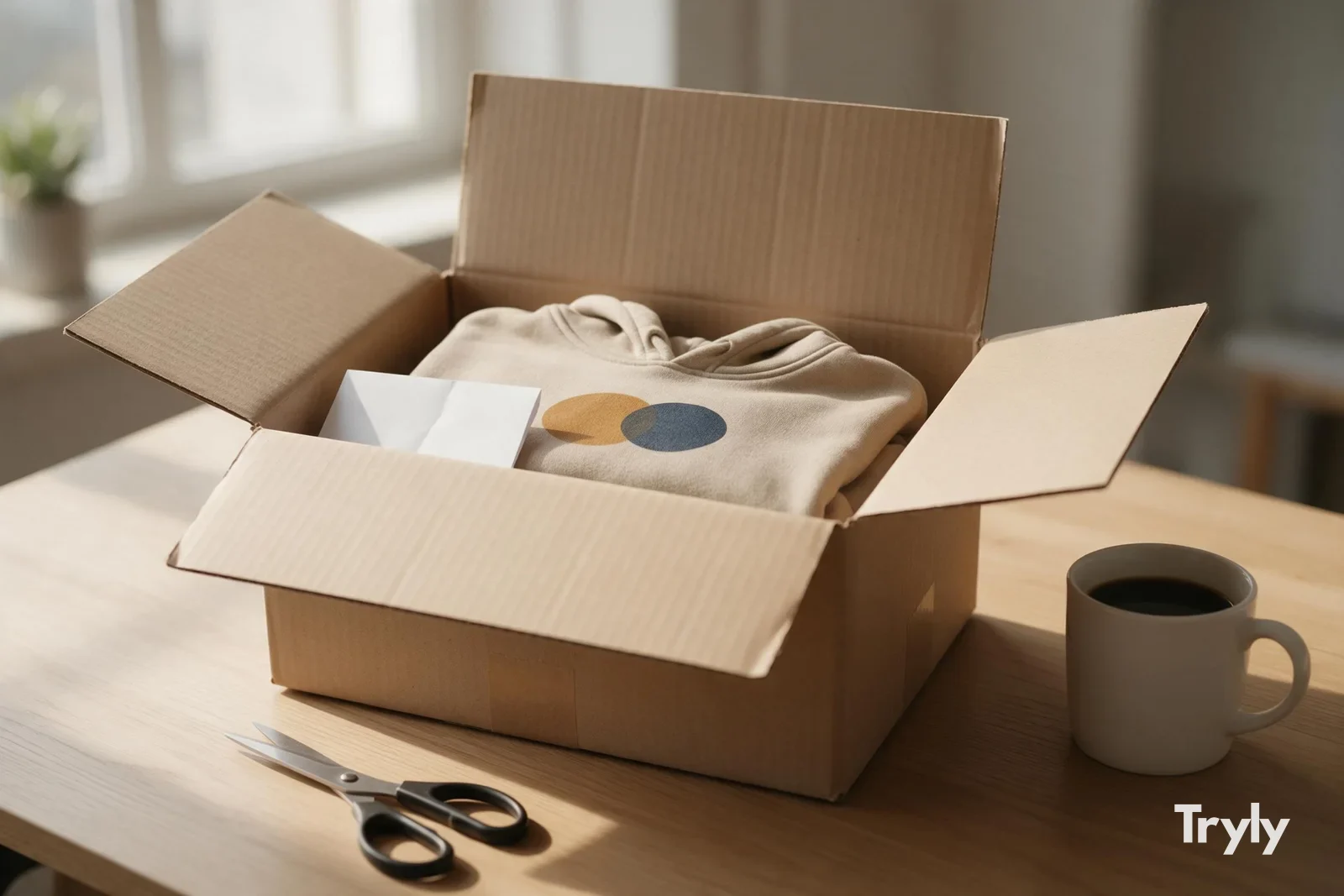 An opened plain kraft shipping box on a light wood desk by a window, holding a folded sand hoodie printed with two overlapping ochre and blue circles and a blank folded slip, with a white mug of black coffee and a pair of scissors beside it in morning light.
