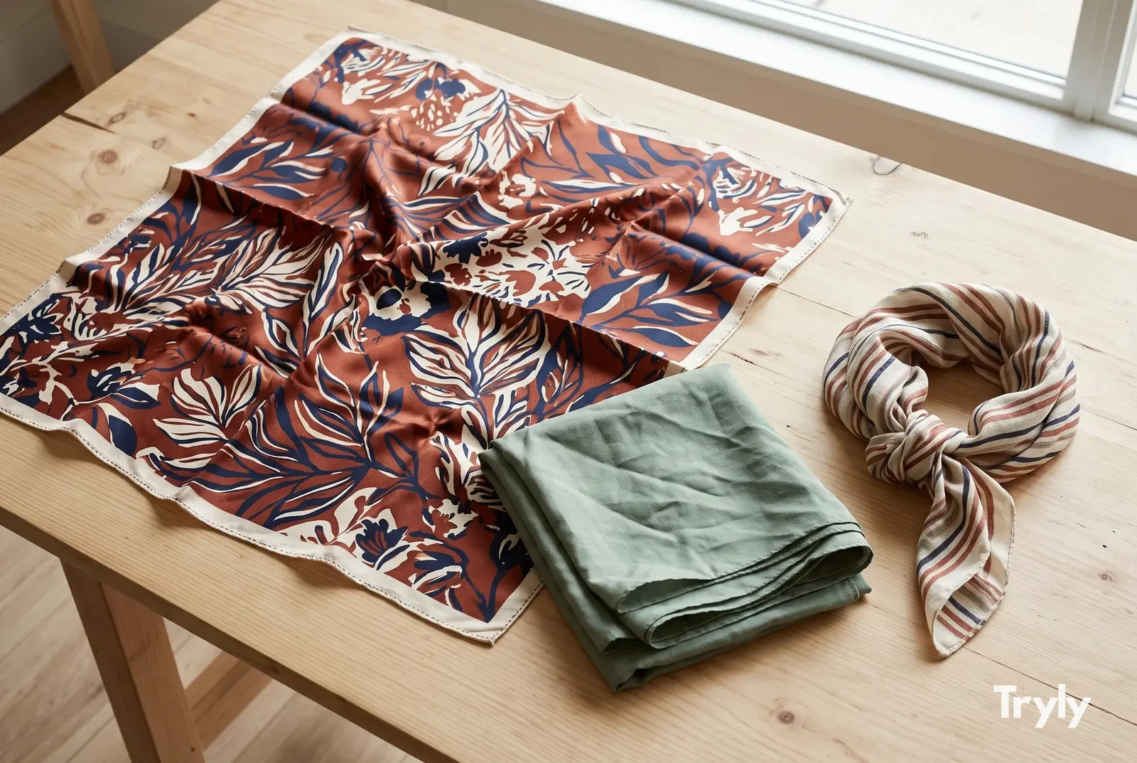 Three scarves on a light wooden table: a printed silk square spread fully open, a sage scarf folded flat and a striped scarf tied in a loose knot.