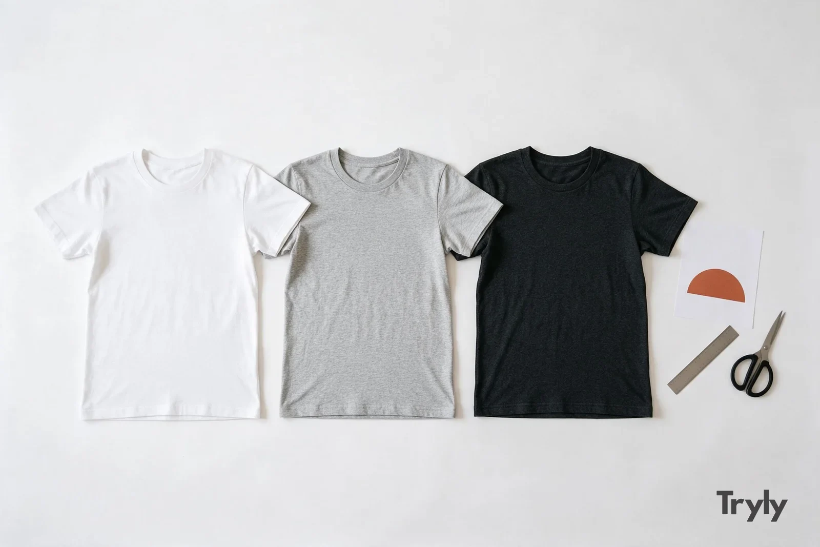 Overhead flat-lay of three blank crewneck t-shirts in white, heather grey and black in a row on white paper, next to a proof sheet printed with one terracotta semicircle, a steel ruler and black-handled scissors.