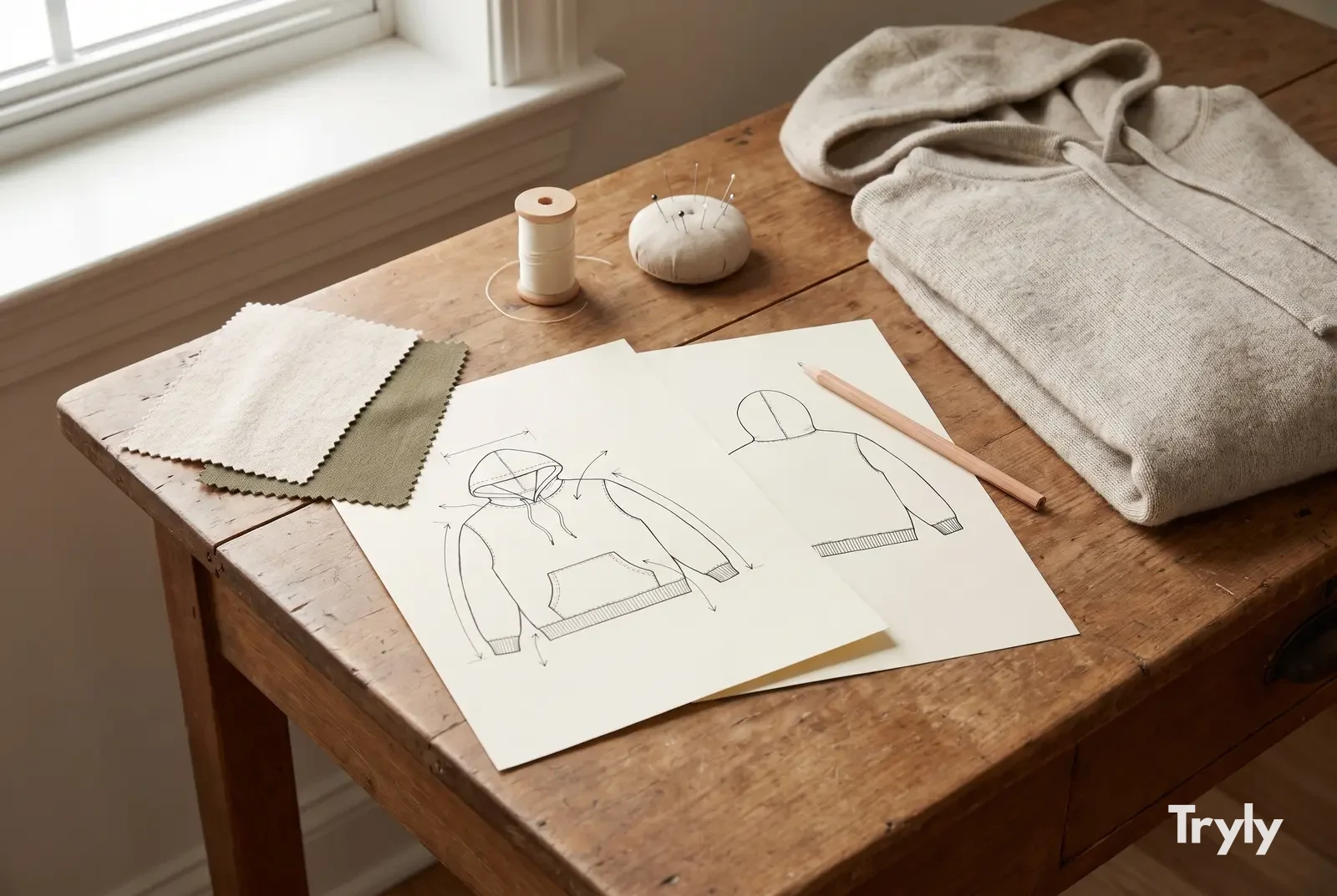 Two printed sheets with black-line technical flat sketches of a hoodie, front and back, on a wooden desk with oat and olive fabric swatches, a spool of thread, a pincushion, a pencil and a folded oatmeal hoodie