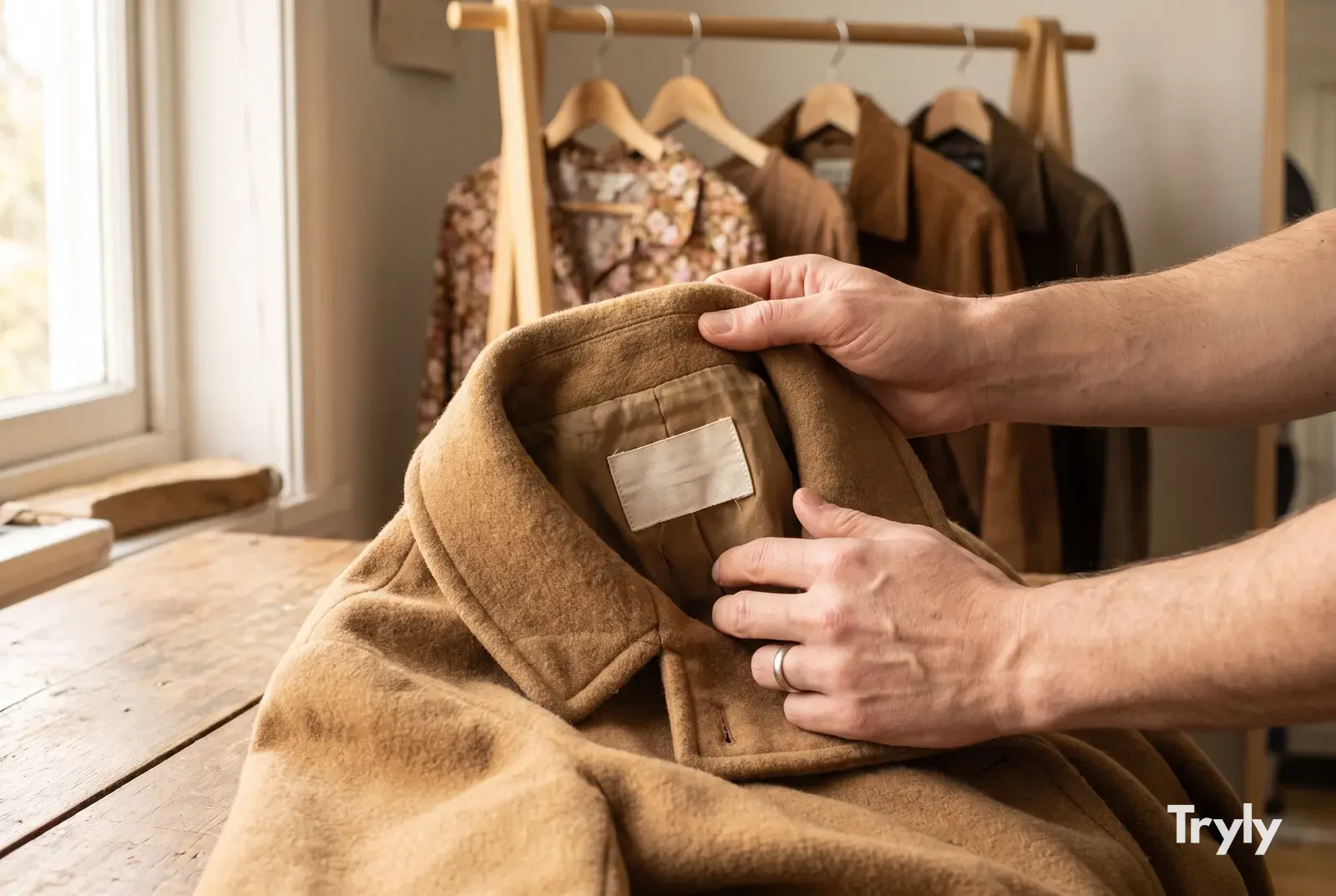 Two hands folding back the collar of a camel wool coat on a wooden table to show a blank cream label sewn inside, with a rack of vintage shirts and jackets by a window behind