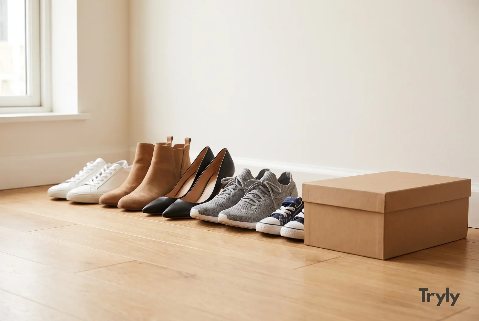 Five pairs of clean used shoes in a row on an oak floor: white leather sneakers, tan suede ankle boots, black pumps, gray knit sneakers and small navy kids’ sneakers, beside a plain shoebox