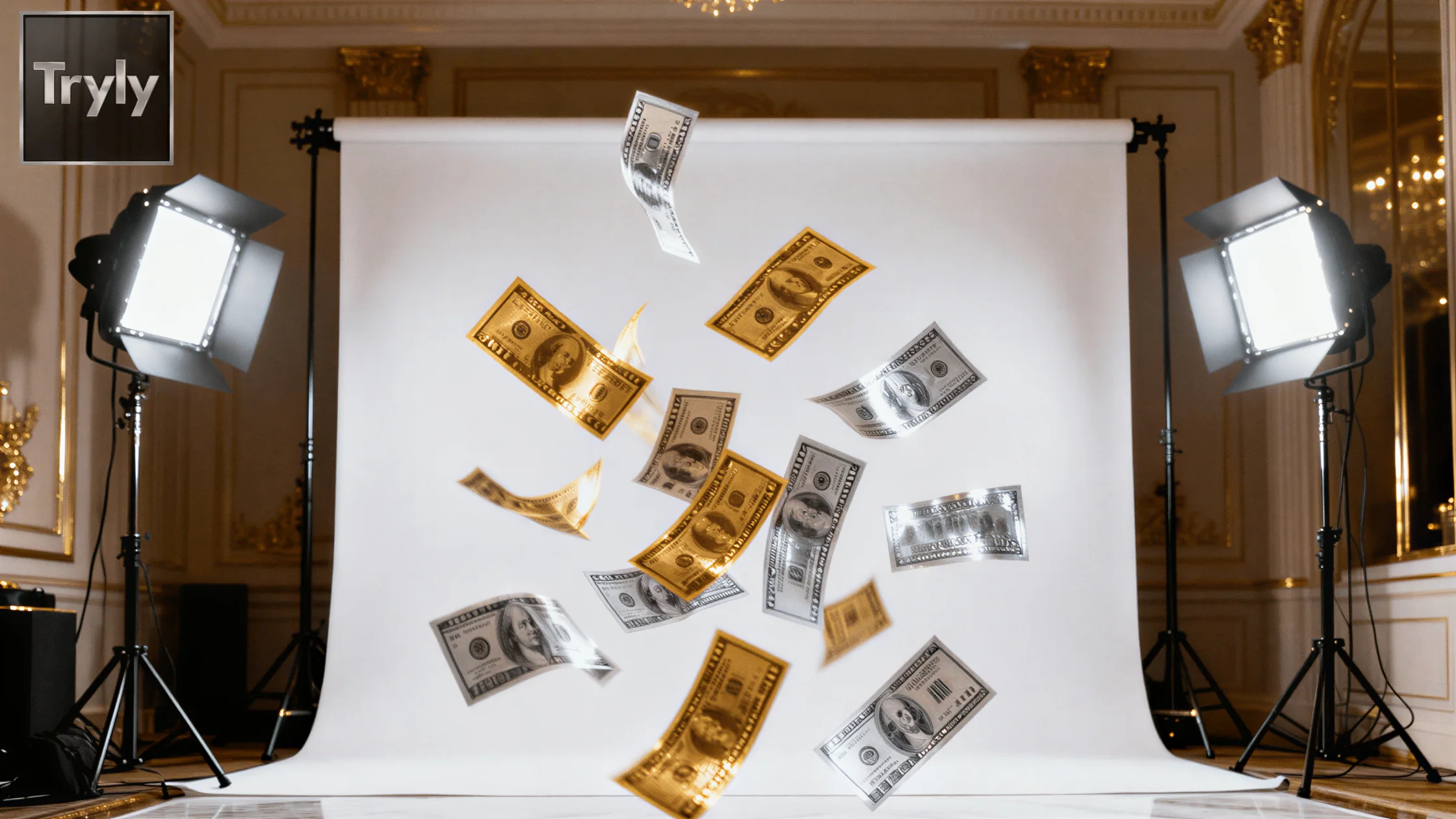 Dollar banknotes falling in front of a white paper studio backdrop lit by two LED panel lights in a gilded room