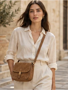 Tan suede crossbody bag worn by a model on a stone street