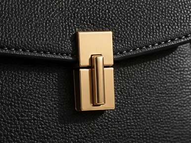 Close-up of the gold clasp and pebbled leather on the handbag