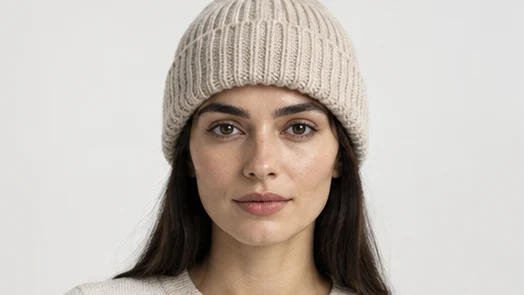 Ribbed beanie worn by a model, front portrait