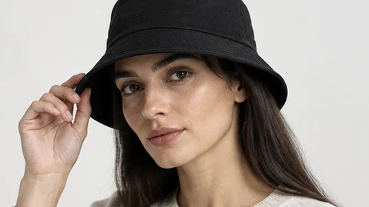 Black bucket hat worn with the model reaching up to the brim