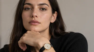 Dress watch worn by a model, chin resting on the hand