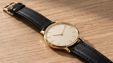 Gold dress watch with a black leather strap on a natural wood surface