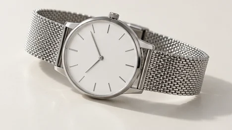 Steel wristwatch with a white dial and mesh strap